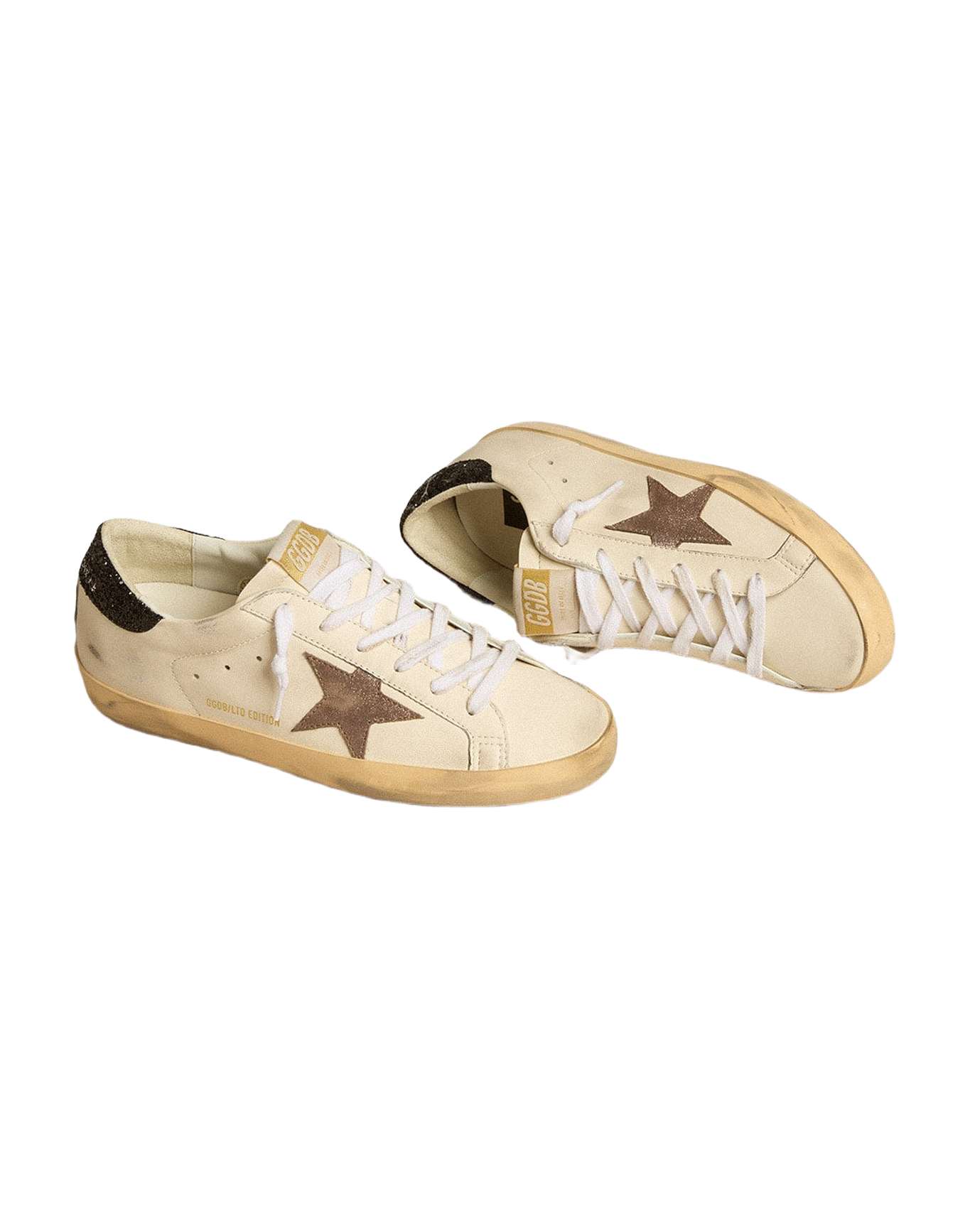 Women | Super-Star Ltd with Laminated Leather Star & Black Glitter Heel Tab | White x Light Brown x Black