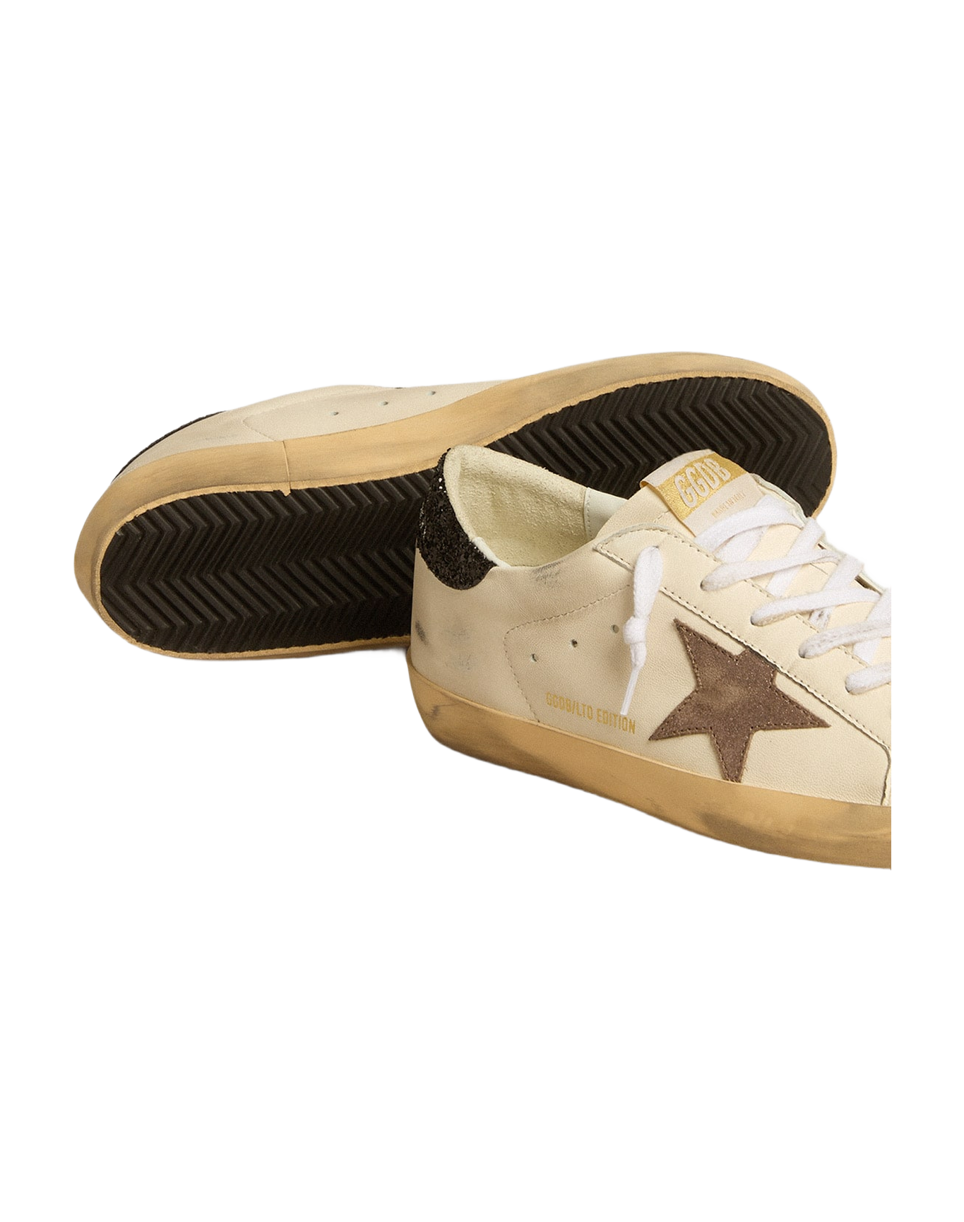 Women | Super-Star Ltd with Laminated Leather Star & Black Glitter Heel Tab | White x Light Brown x Black