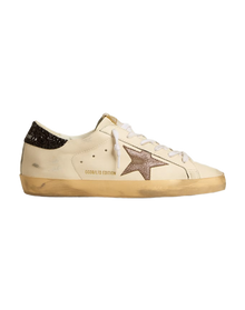 Women | Super-Star Ltd with Laminated Leather Star & Black Glitter Heel Tab | White x Light Brown x Black