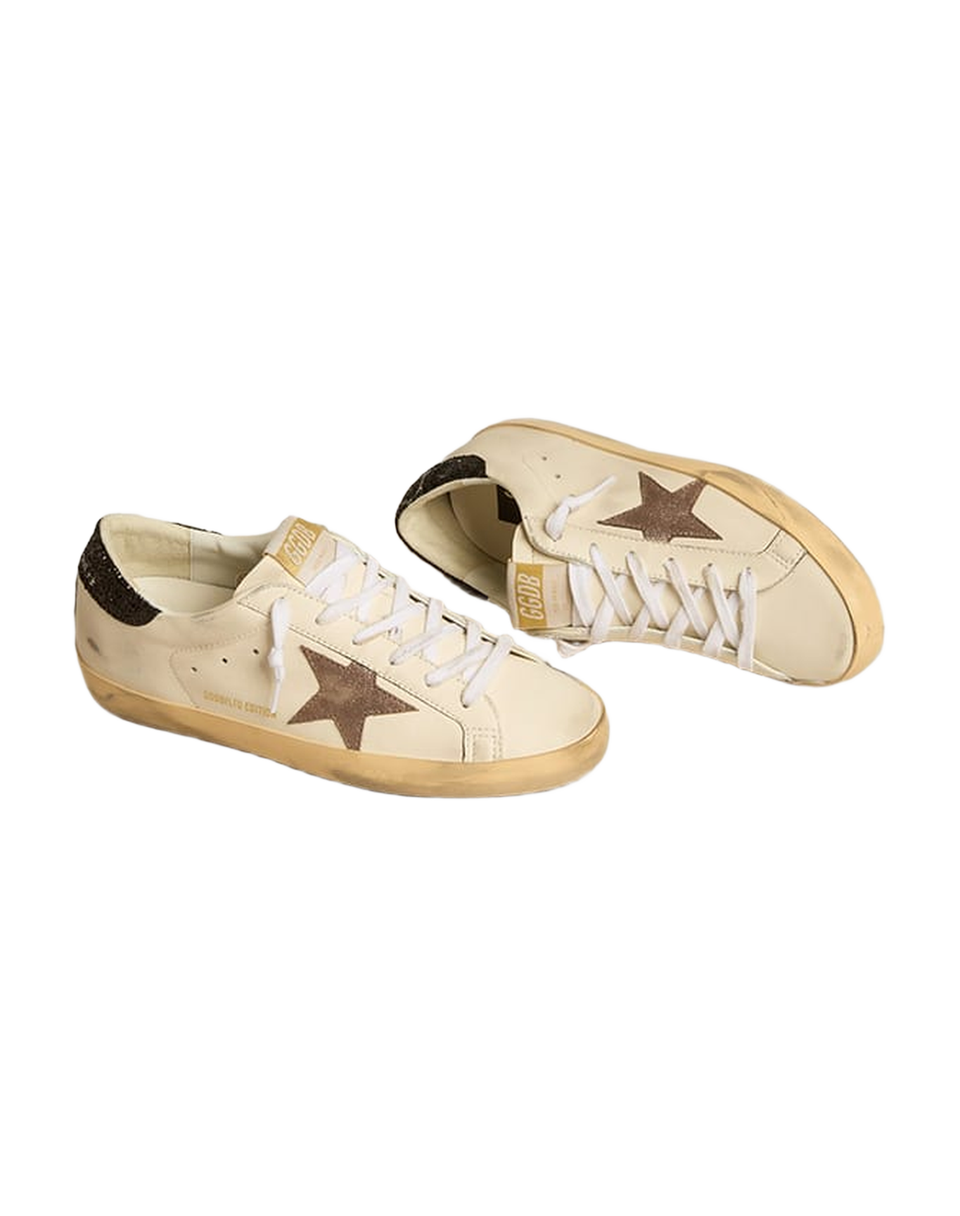 Women | Super-Star Ltd with Laminated Leather Star & Black Glitter Heel Tab | White x Light Brown x Black