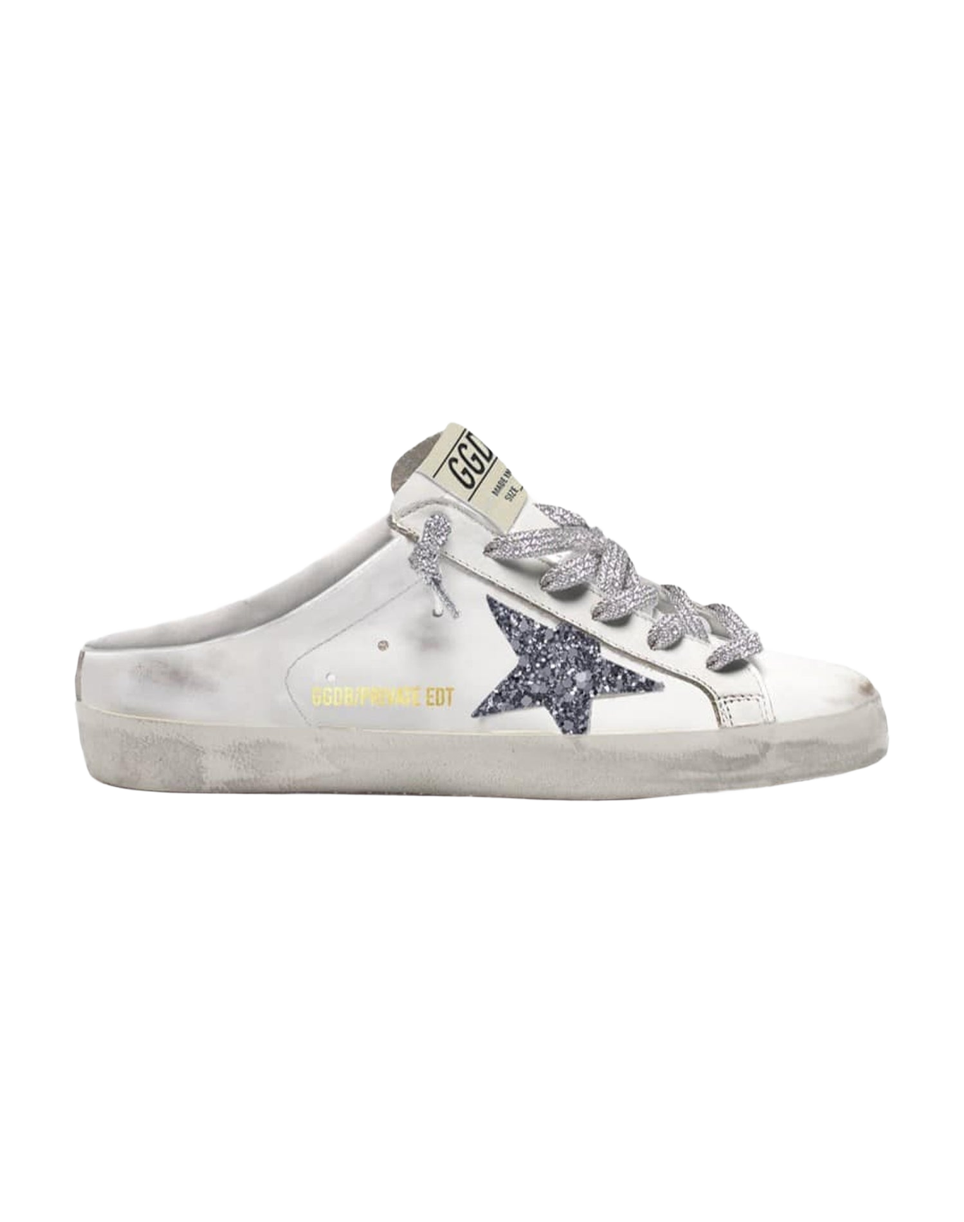 Women | Super-Star Sabot Sneakers White Leather with Silver Glitter Star | White x Grey