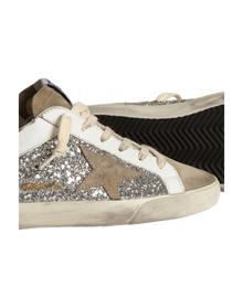 Women | Super-Star Sneakers White Leather & Silver Glitter with Suede Star | Silver x White x Taupe
