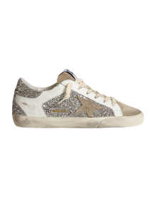 Women | Super-Star Sneakers White Leather & Silver Glitter with Suede Star | Silver x White x Taupe