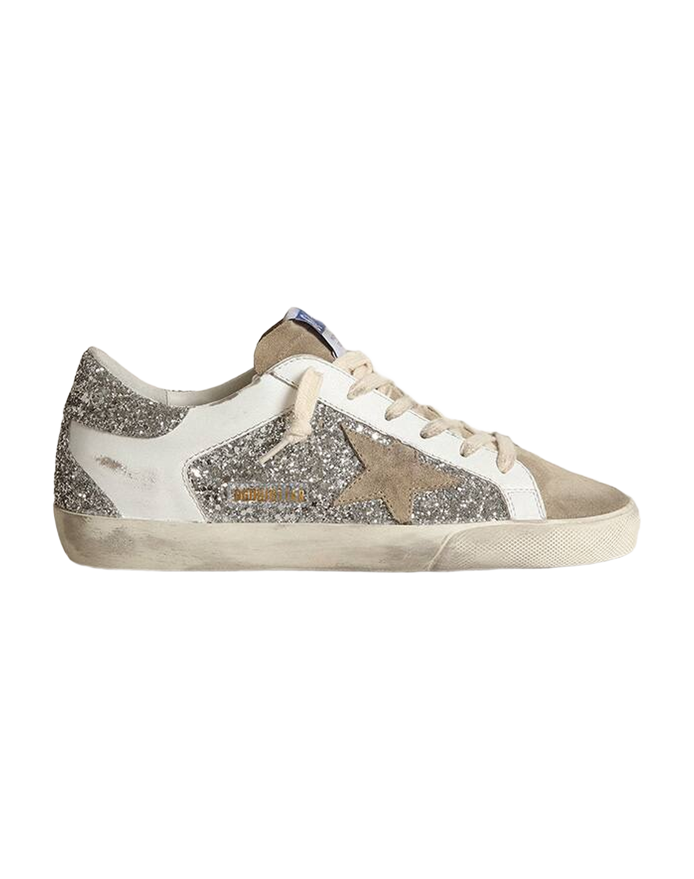 Women | Super-Star Sneakers White Leather & Silver Glitter with Suede Star | Silver x White x Taupe