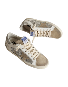Women | Super-Star Sneakers White Leather & Silver Glitter with Suede Star | Silver x White x Taupe