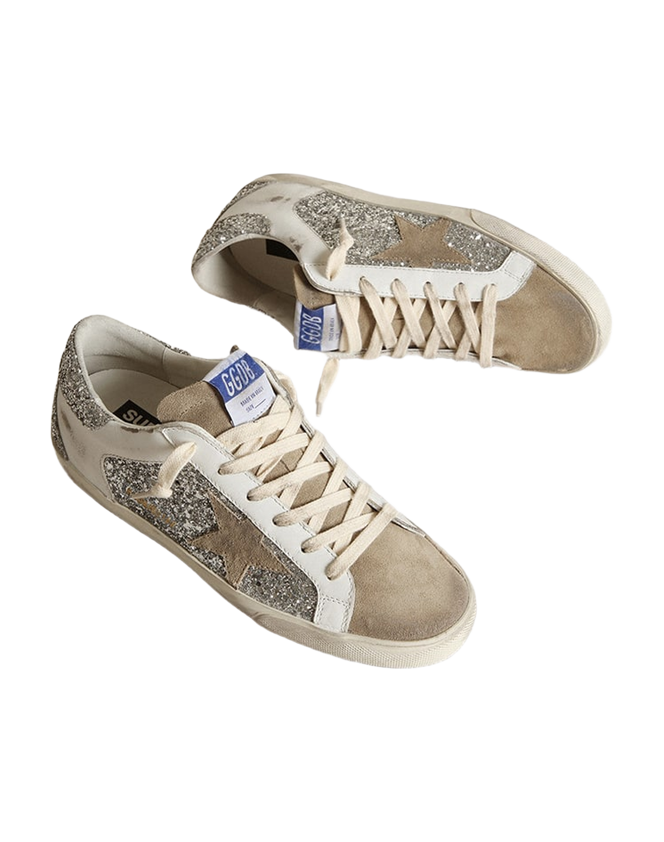 Women | Super-Star Sneakers White Leather & Silver Glitter with Suede Star | Silver x White x Taupe