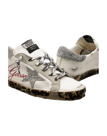 Women | Super-Star Sneakers White Leather with Silver Glitter Star & Heel Tab & Leopard Base | White x Ice x Silver x Brown Black Leo