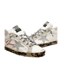 Women | Super-Star Sneakers White Leather with Silver Glitter Star & Heel Tab & Leopard Base | White x Ice x Silver x Brown Black Leo