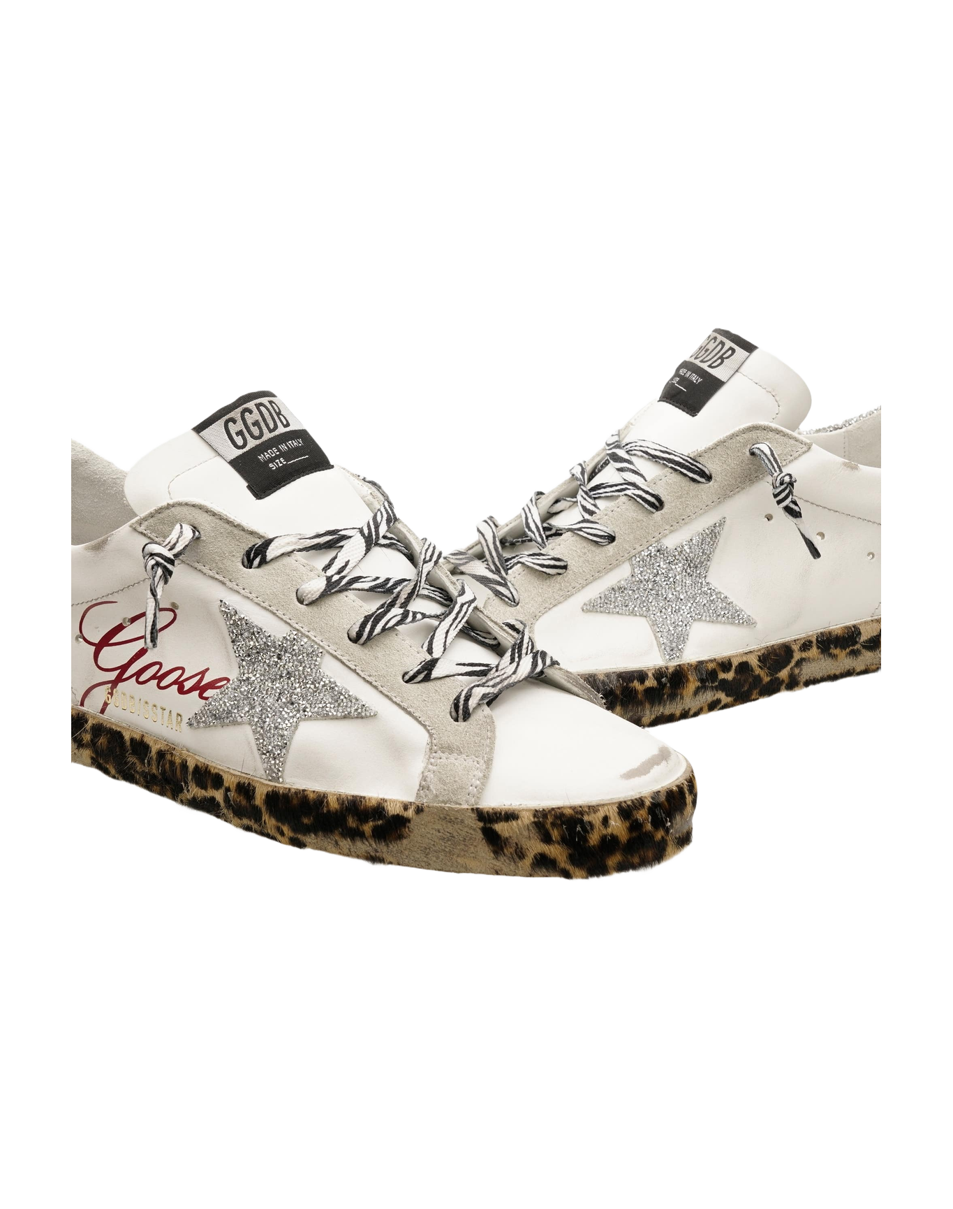 Women | Super-Star Sneakers White Leather with Silver Glitter Star & Heel Tab & Leopard Base | White x Ice x Silver x Brown Black Leo