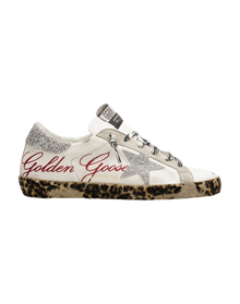 Women | Super-Star Sneakers White Leather with Silver Glitter Star & Heel Tab & Leopard Base | White x Ice x Silver x Brown Black Leo