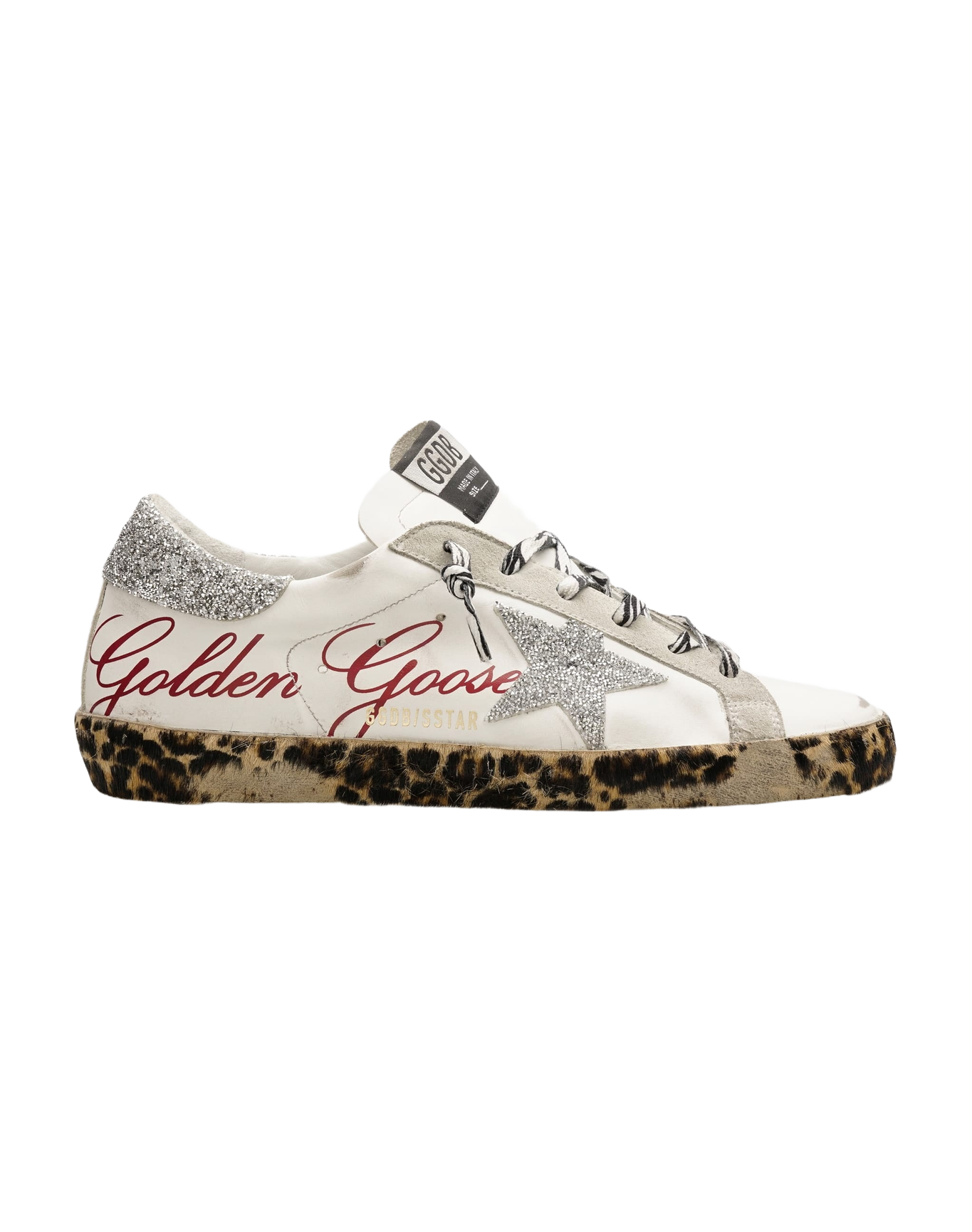 Women | Super-Star Sneakers White Leather with Silver Glitter Star & Heel Tab & Leopard Base | White x Ice x Silver x Brown Black Leo