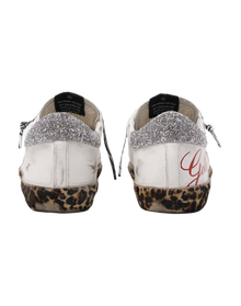 Women | Super-Star Sneakers White Leather with Silver Glitter Star & Heel Tab & Leopard Base | White x Ice x Silver x Brown Black Leo