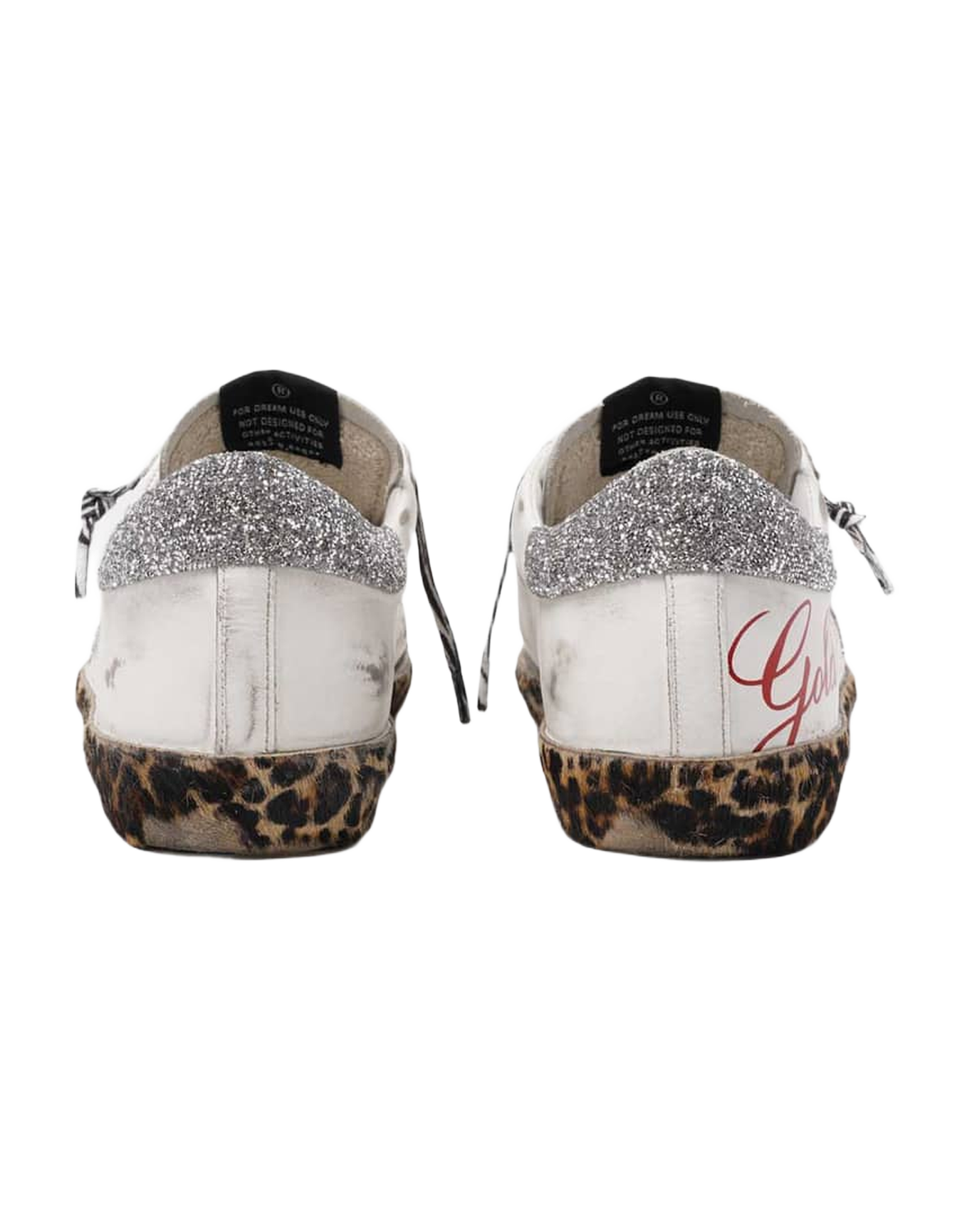Women | Super-Star Sneakers White Leather with Silver Glitter Star & Heel Tab & Leopard Base | White x Ice x Silver x Brown Black Leo