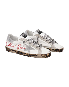 Women | Super-Star Sneakers White Leather with Silver Glitter Star & Heel Tab & Leopard Base | White x Ice x Silver x Brown Black Leo