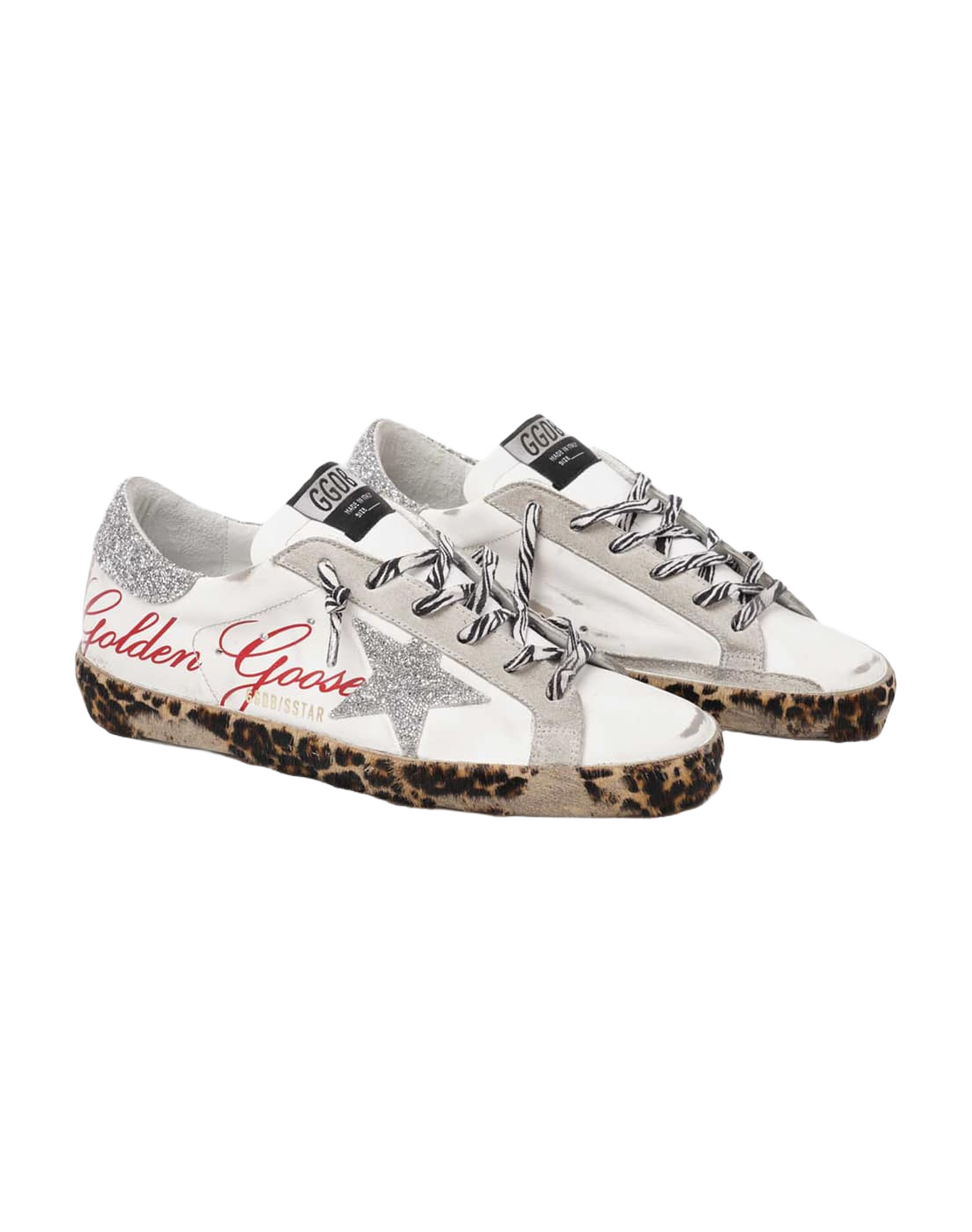 Women | Super-Star Sneakers White Leather with Silver Glitter Star & Heel Tab & Leopard Base | White x Ice x Silver x Brown Black Leo
