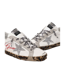 Women | Super-Star Sneakers White Leather with Silver Glitter Star & Heel Tab & Leopard Base | White x Ice x Silver x Brown Black Leo