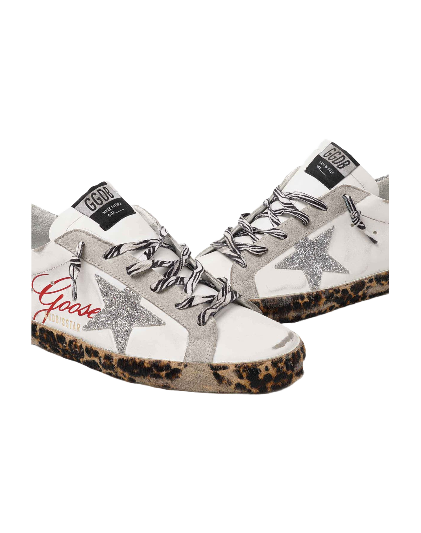 Women | Super-Star Sneakers White Leather with Silver Glitter Star & Heel Tab & Leopard Base | White x Ice x Silver x Brown Black Leo