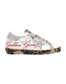 Women | Super-Star Sneakers White Leather with Silver Glitter Star & Heel Tab & Leopard Base | White x Ice x Silver x Brown Black Leo