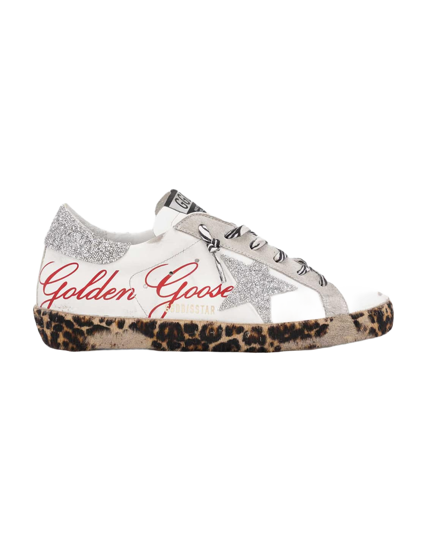 Women | Super-Star Sneakers White Leather with Silver Glitter Star & Heel Tab & Leopard Base | White x Ice x Silver x Brown Black Leo