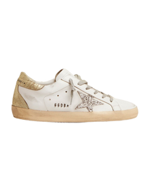 Women | Super-Star Sneakers with Silver Glitter Star & Glossy Gold Leather Heel Tab | White x Silver x Platinum
