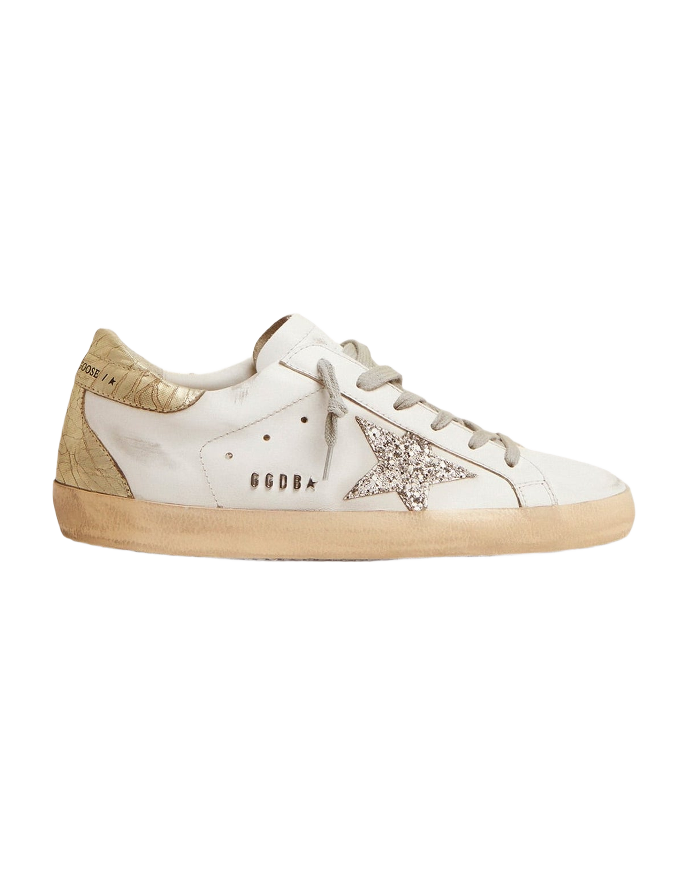 Women | Super-Star Sneakers with Silver Glitter Star & Glossy Gold Leather Heel Tab | White x Silver x Platinum