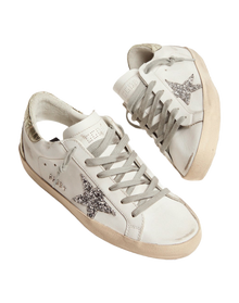 Women | Super-Star Sneakers with Silver Glitter Star & Glossy Gold Leather Heel Tab | White x Silver x Platinum