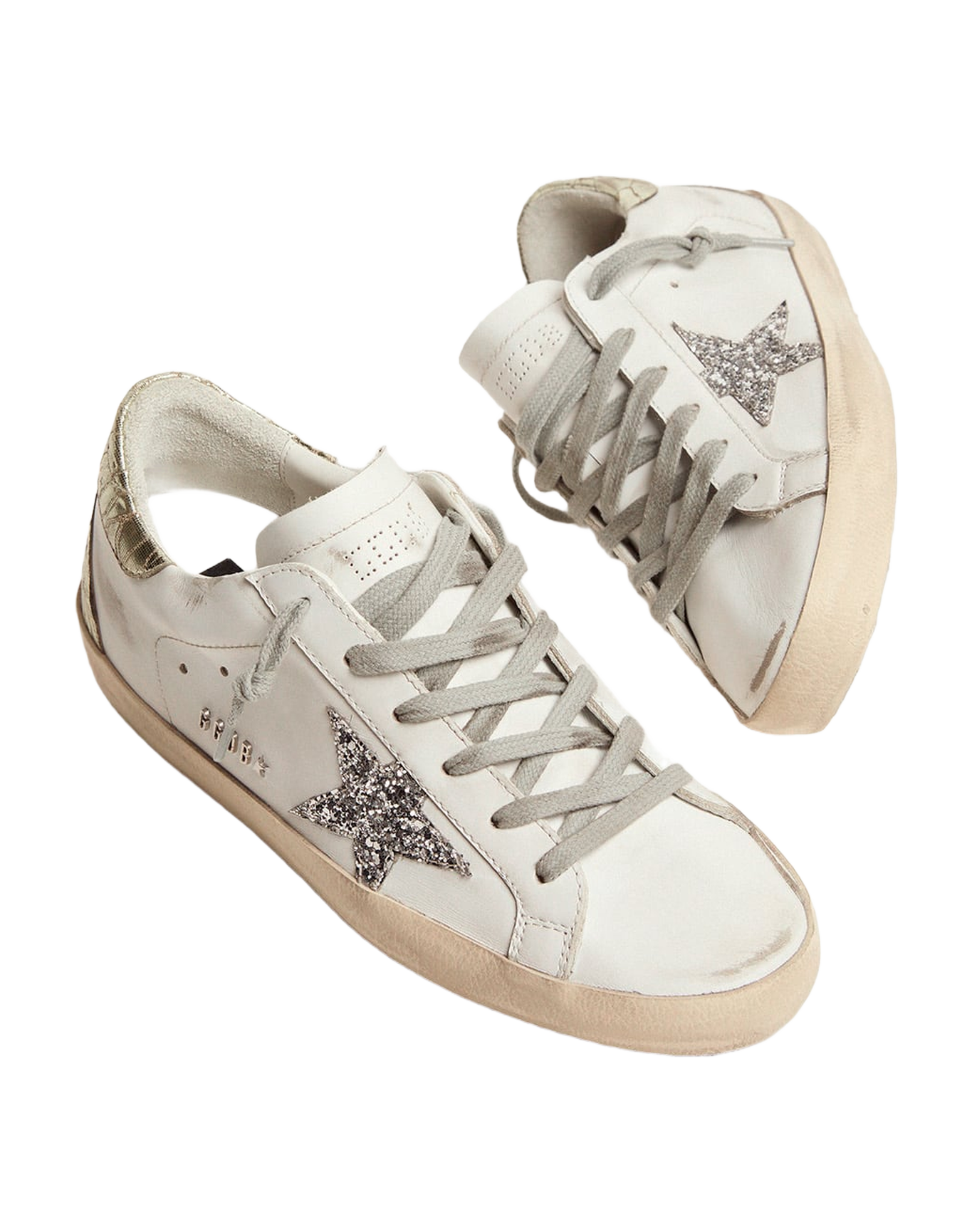 Women | Super-Star Sneakers with Silver Glitter Star & Glossy Gold Leather Heel Tab | White x Silver x Platinum