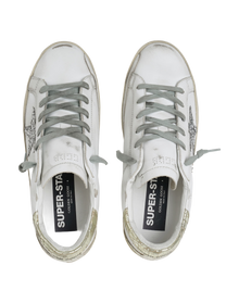 Women | Super-Star Sneakers with Silver Glitter Star & Glossy Gold Leather Heel Tab | White x Silver x Platinum