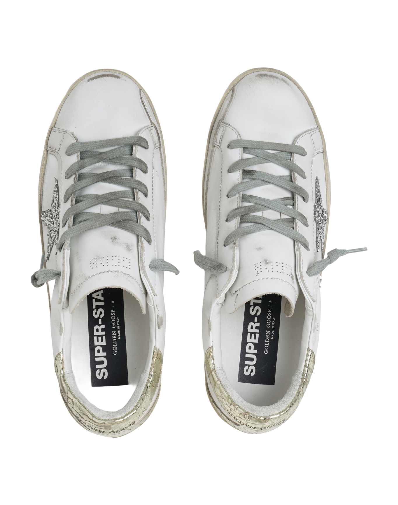 Women | Super-Star Sneakers with Silver Glitter Star & Glossy Gold Leather Heel Tab | White x Silver x Platinum