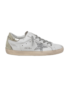 Women | Super-Star Sneakers with Silver Glitter Star & Glossy Gold Leather Heel Tab | White x Silver x Platinum