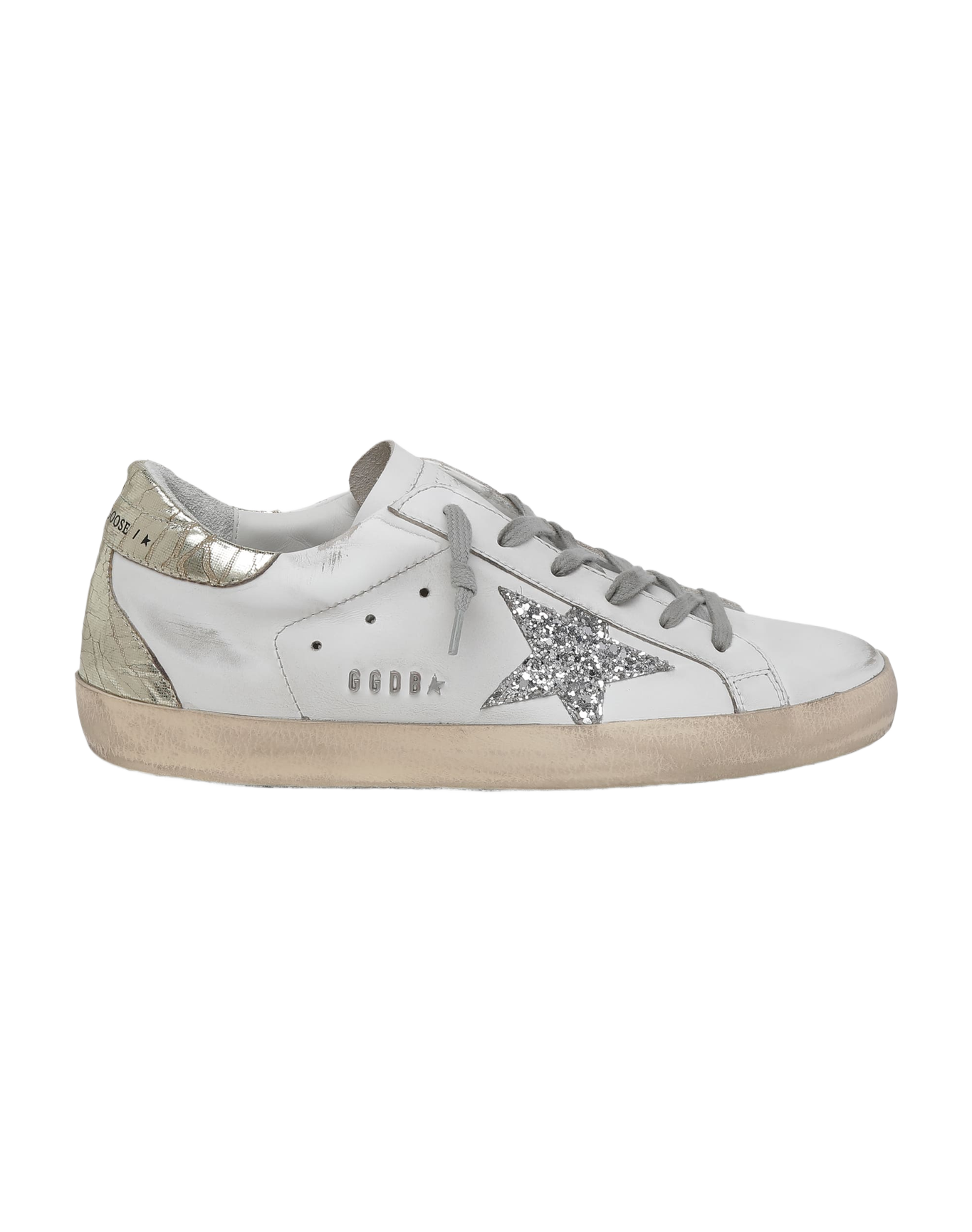 Women | Super-Star Sneakers with Silver Glitter Star & Glossy Gold Leather Heel Tab | White x Silver x Platinum