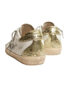 Women | Super-Star Sneakers with Silver Glitter Star & Glossy Gold Leather Heel Tab | White x Silver x Platinum