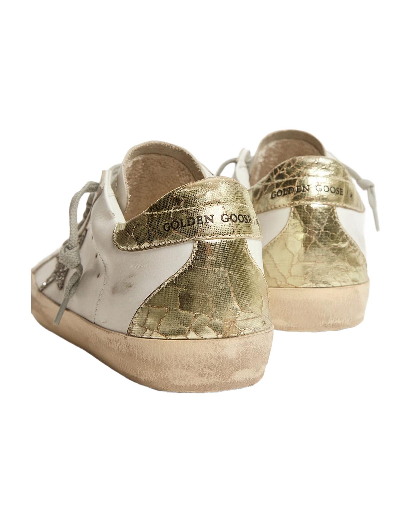 Women | Super-Star Sneakers with Silver Glitter Star & Glossy Gold Leather Heel Tab | White x Silver x Platinum