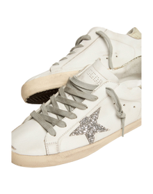 Women | Super-Star Sneakers with Silver Glitter Star & Glossy Gold Leather Heel Tab | White x Silver x Platinum