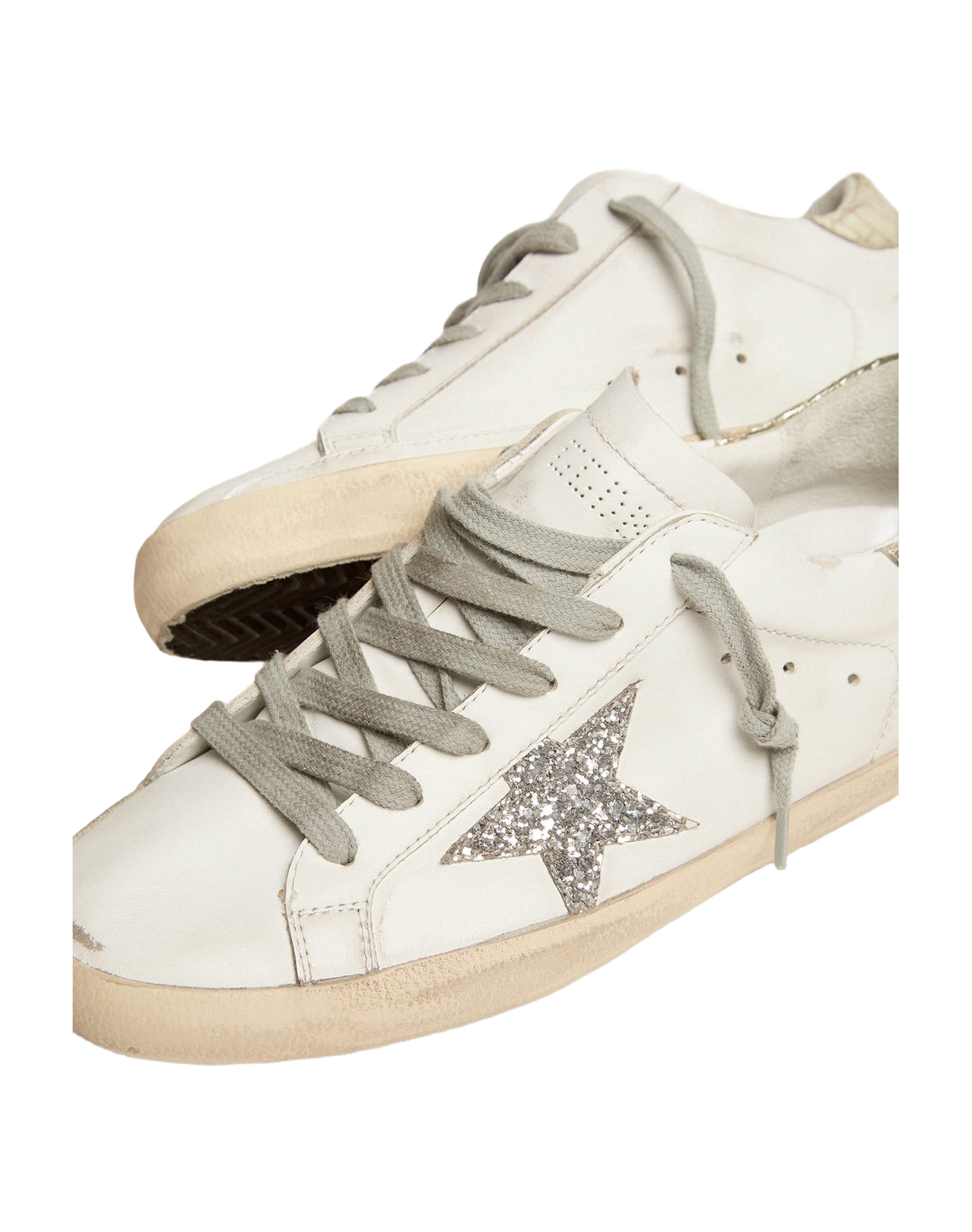 Women | Super-Star Sneakers with Silver Glitter Star & Glossy Gold Leather Heel Tab | White x Silver x Platinum
