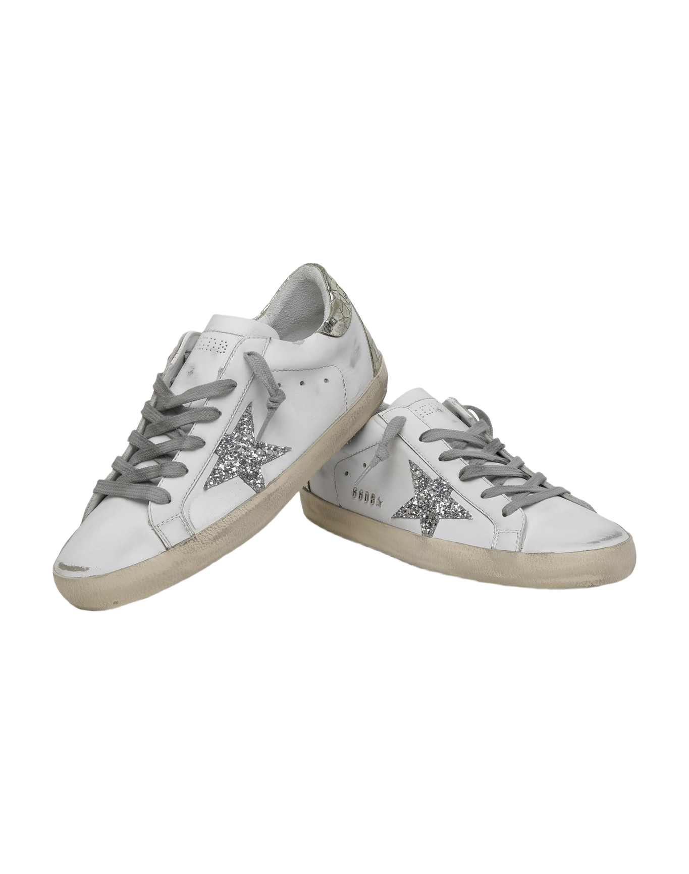 Women | Super-Star Sneakers with Silver Glitter Star & Glossy Gold Leather Heel Tab | White x Silver x Platinum