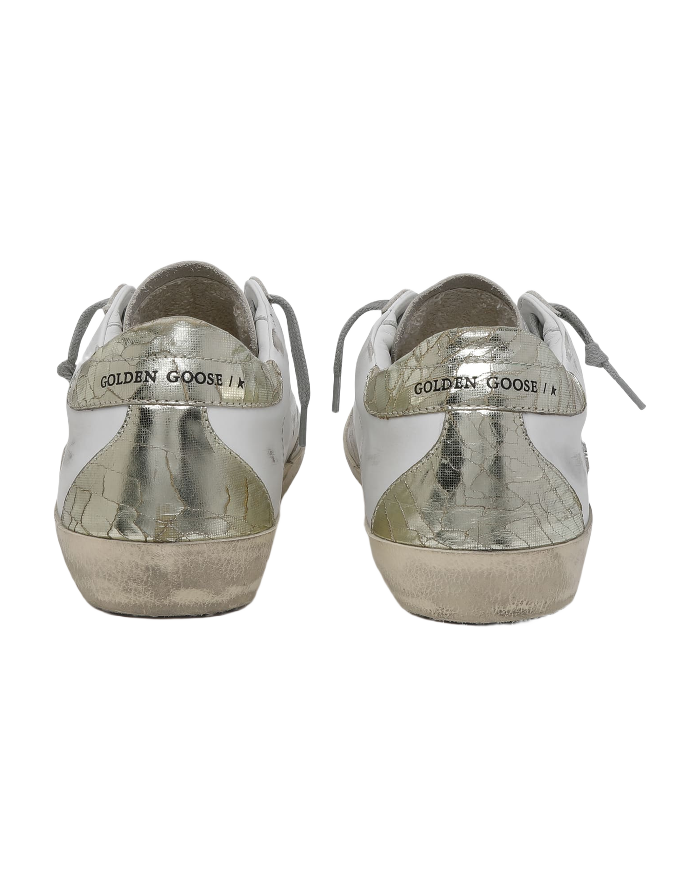 Women | Super-Star Sneakers with Silver Glitter Star & Glossy Gold Leather Heel Tab | White x Silver x Platinum