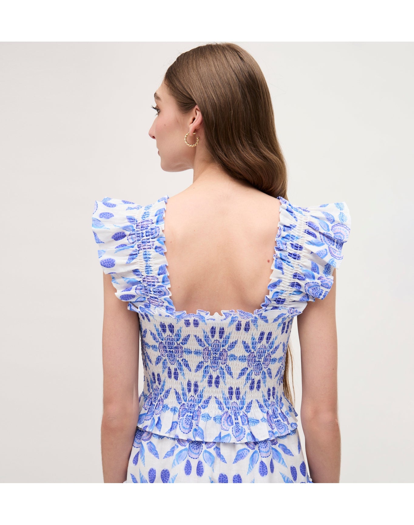 Women | The Linen Cropped Paz Nap Top | Blue Shell Mosaic Linen