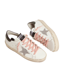 Women | White Hi-Star Sneakers with Glittery Star & Pink Laces | White x Silver x Blue Petrol