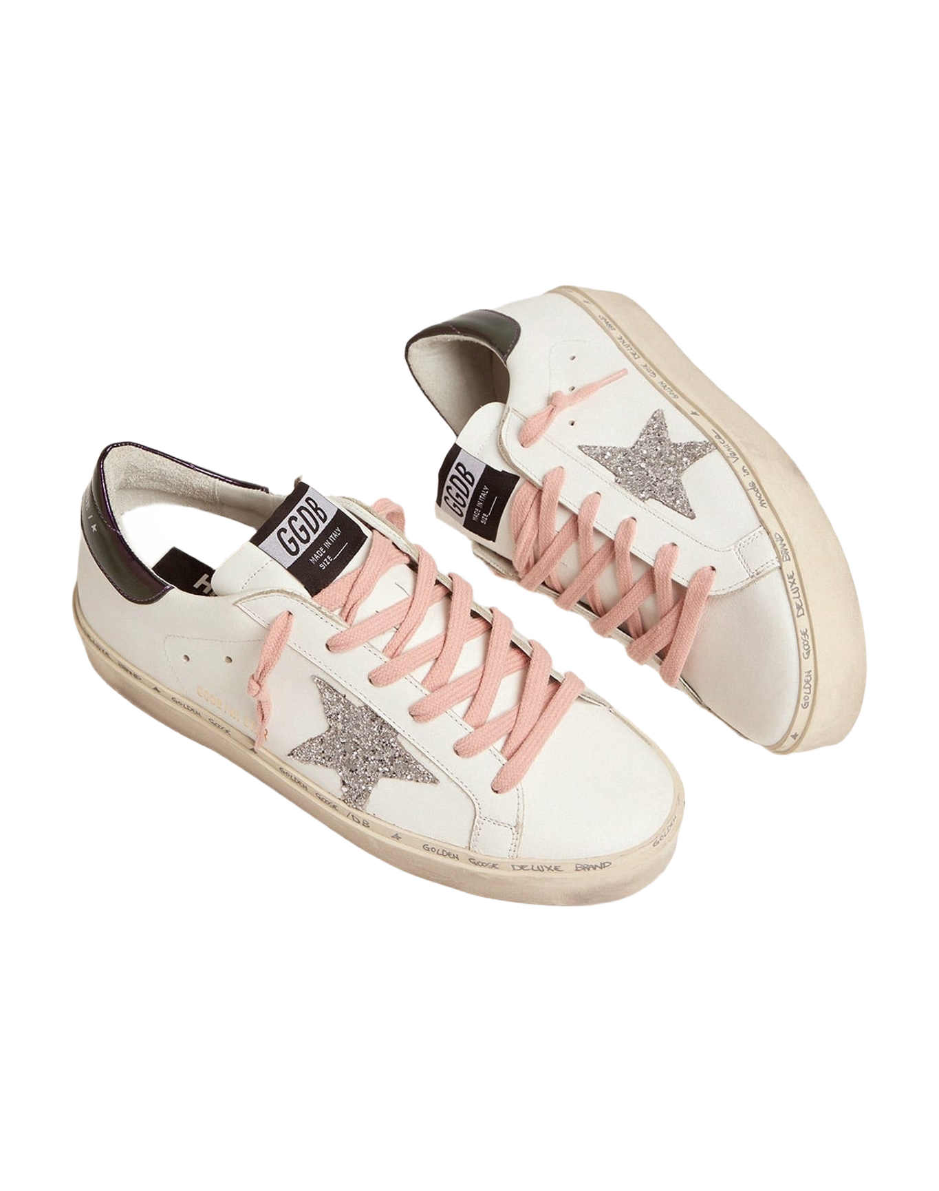 Women | White Hi-Star Sneakers with Glittery Star & Pink Laces | White x Silver x Blue Petrol