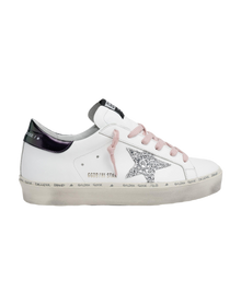 Women | White Hi-Star Sneakers with Glittery Star & Pink Laces | White x Silver x Blue Petrol