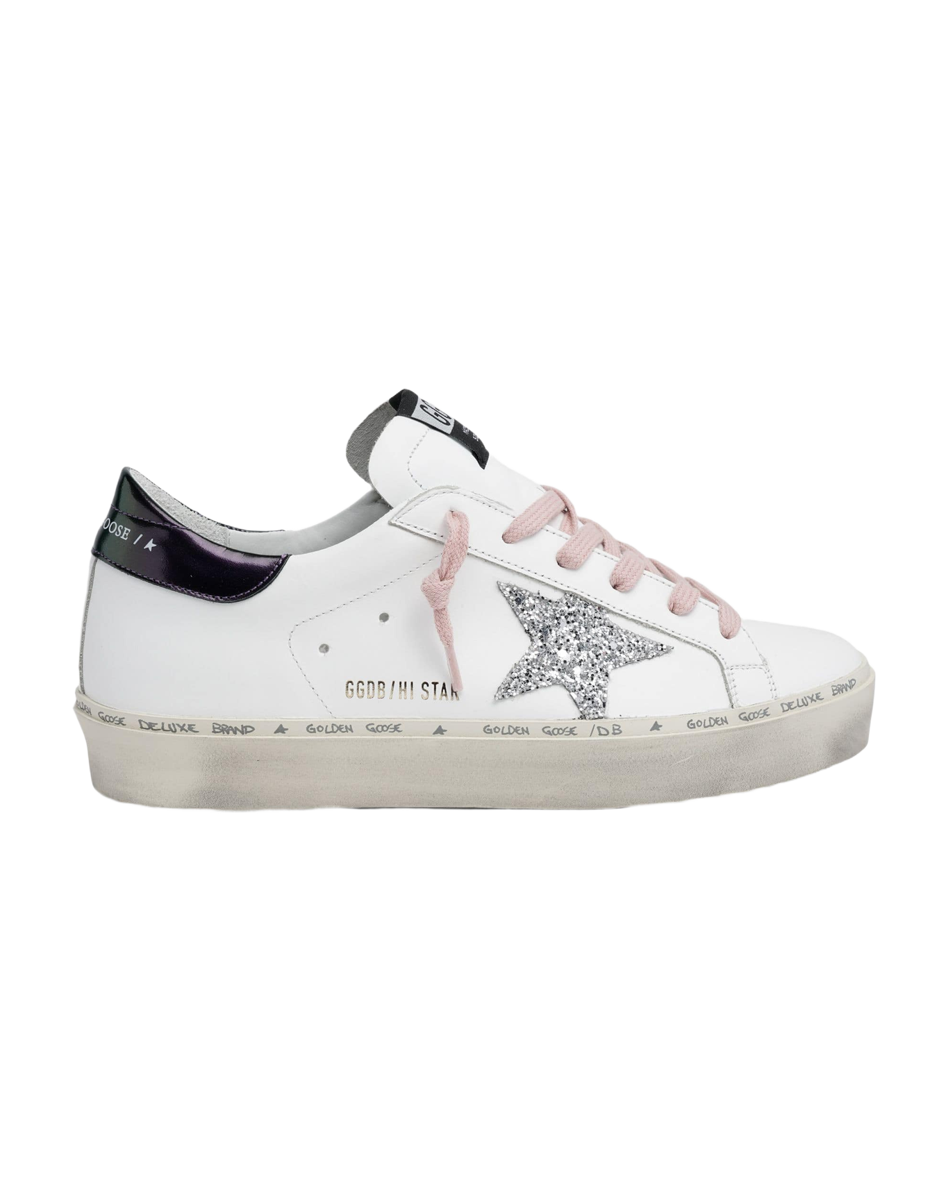Women | White Hi-Star Sneakers with Glittery Star & Pink Laces | White x Silver x Blue Petrol
