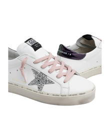 Women | White Hi-Star Sneakers with Glittery Star & Pink Laces | White x Silver x Blue Petrol