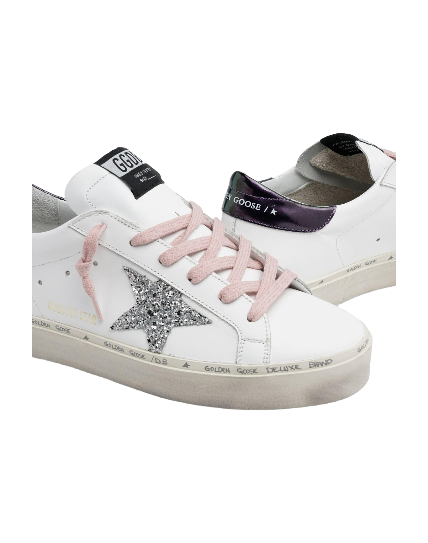 Women | White Hi-Star Sneakers with Glittery Star & Pink Laces | White x Silver x Blue Petrol