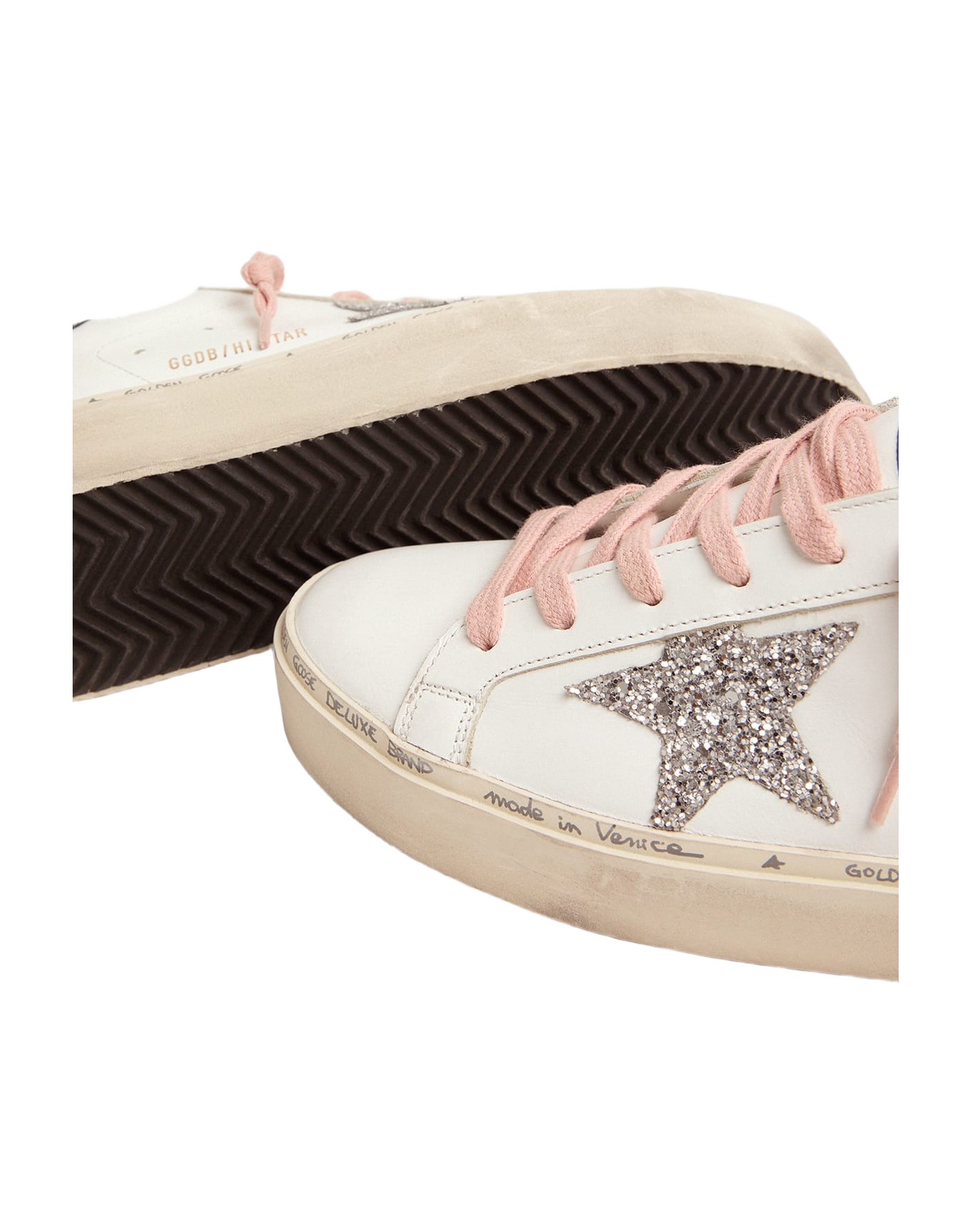 Women | White Hi-Star Sneakers with Glittery Star & Pink Laces | White x Silver x Blue Petrol