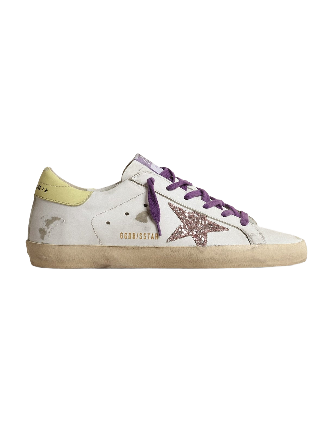 Women | White Super-Star Sneakers with A Glitter Star & Yellow Heel Tab | White x Pink x Yellow