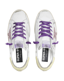 Women | White Super-Star Sneakers with A Glitter Star & Yellow Heel Tab | White x Pink x Yellow