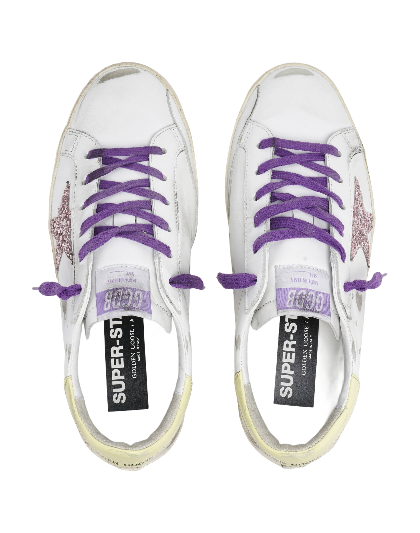 Women | White Super-Star Sneakers with A Glitter Star & Yellow Heel Tab | White x Pink x Yellow
