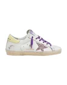 Women | White Super-Star Sneakers with A Glitter Star & Yellow Heel Tab | White x Pink x Yellow