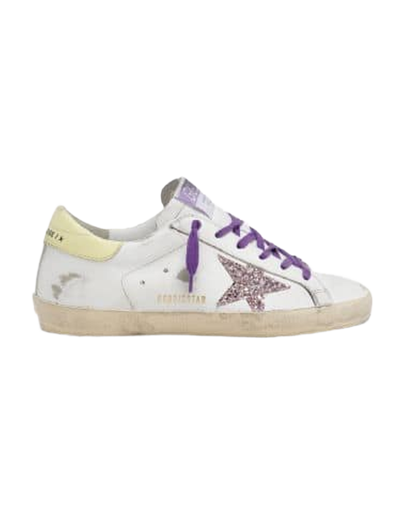 Women | White Super-Star Sneakers with A Glitter Star & Yellow Heel Tab | White x Pink x Yellow